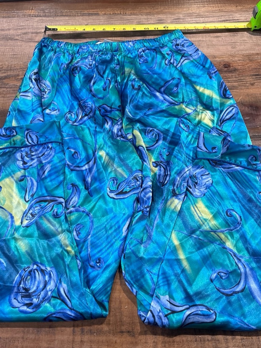 Women’s Satin Teal Floral Wide-Leg Pijama Pants